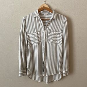 Grey and White Stripped Long Sleeve Button Down